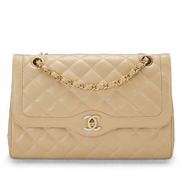 CHANEL CC Paris Limited Double Flap Bag Lambskin Matelasse Chain Beige - Picture 1 of 8